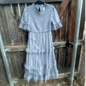 NWT light blue Swiss dot BALTIC BORN ruffle dress tulle smocked Large